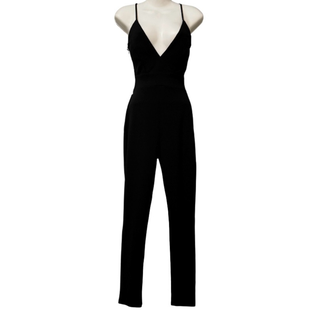 Dark Black V-Neck Cami Jumpsuit Open Pattern Lace Back NWT